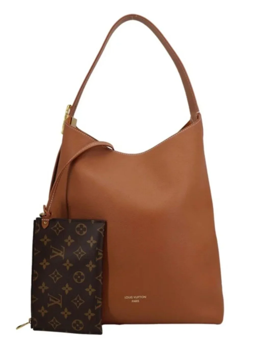 Louis Vuitton Low Key MM Grained Calfskin Leather Hobo Bag Cognac